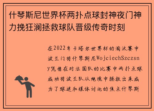 什琴斯尼世界杯两扑点球封神夜门神力挽狂澜拯救球队晋级传奇时刻